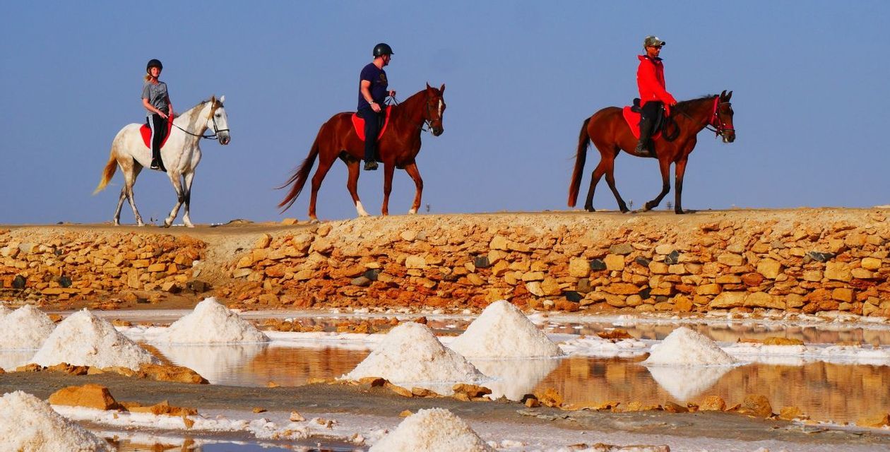 Un viaggio di gruppo WeRoad a cavallo in fila indiana lungo un sentiero roccioso accanto a saline con cumuli bianchi.