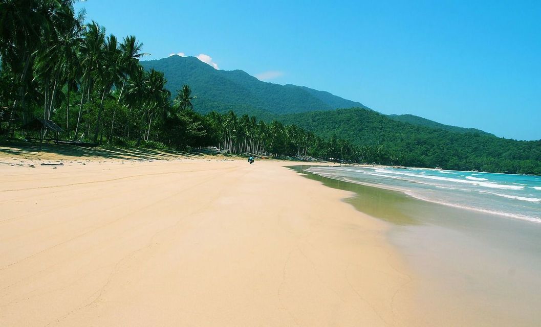Una vasta spiaggia sabbiosa si estende lungo una costa orlata di palme, con lussureggianti montagne verdi sullo sfondo sotto un cielo limpido.