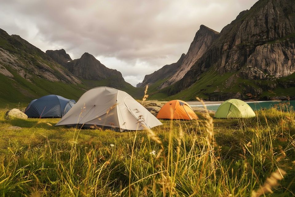 Vier farbige Zelte stehen auf einer grünen Wiese am Fuße großer, felsiger Berge neben einem Gewässer.