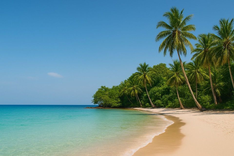 Des palmiers bordent une plage de sable blanc à côté d'une eau turquoise cristalline sous un ciel bleu éclatant.