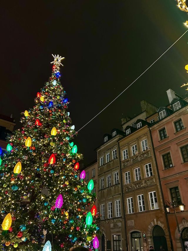 Ein hoher Weihnachtsbaum, geschmückt mit großen, bunten Lichtern und einem Stern an der Spitze, steht nachts neben alten Gebäuden.