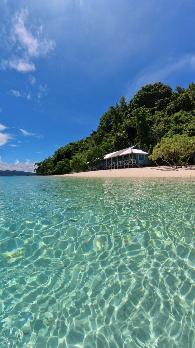 La luce del sole si increspa sull'acqua limpida e turchese di una spiaggia sabbiosa, con una casa su palafitte e una collina alberata.