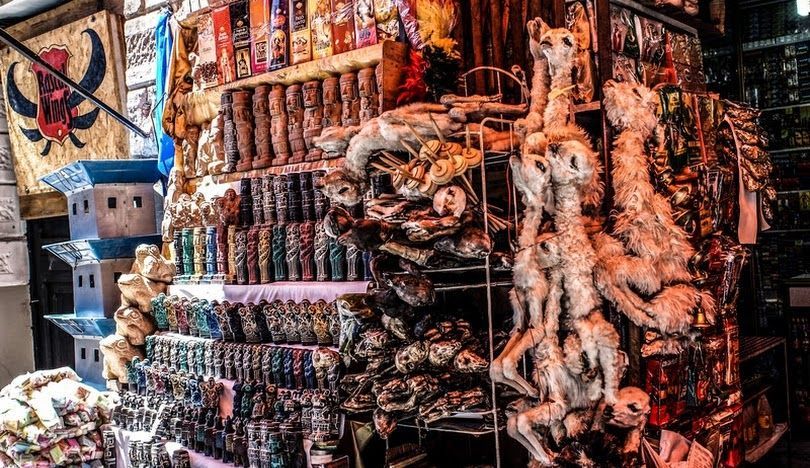 Una bancarella del mercato espone feti di lama essiccati appesi accanto a scaffali pieni di statuette intagliate e altri articoli tradizionali.