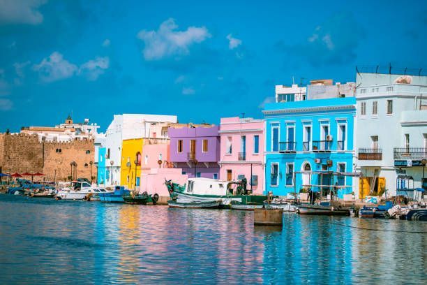 Bateaux amarrés dans un port devant une rangée de bâtiments aux couleurs vives sous un ciel bleu clair.