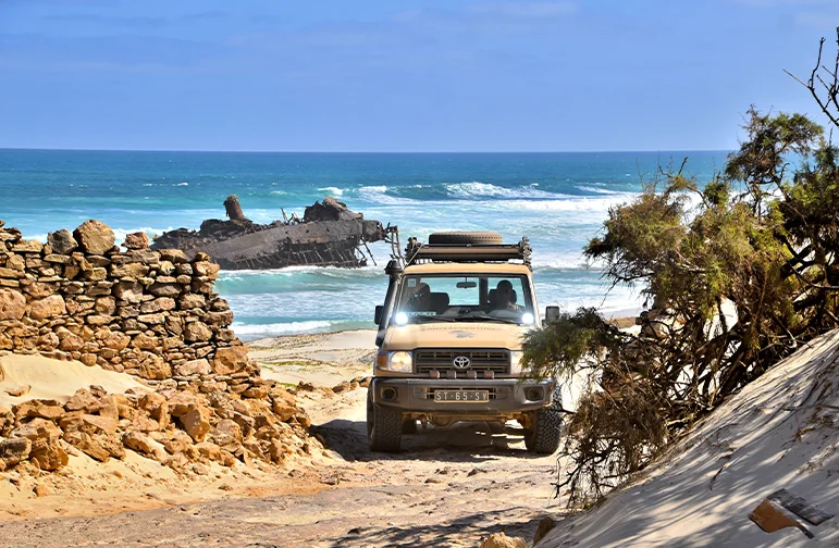 Un veicolo fuoristrada percorre un sentiero sabbioso verso una spiaggia con un relitto arenato tra le onde.