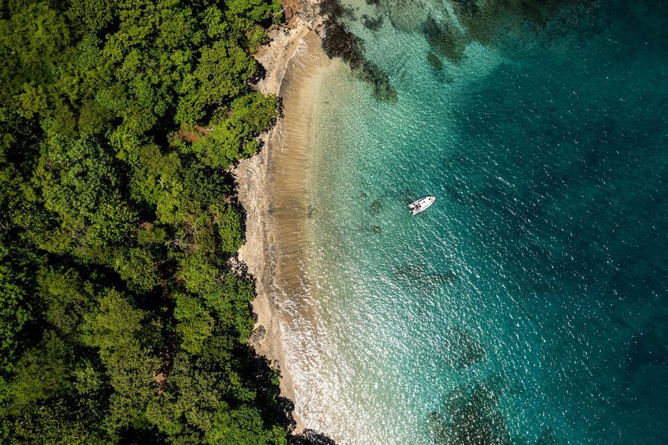 Vue aérienne d'un bateau blanc flottant sur des eaux claires et turquoise, amarré à une plage de sable bordée par une forêt verdoyante et dense.