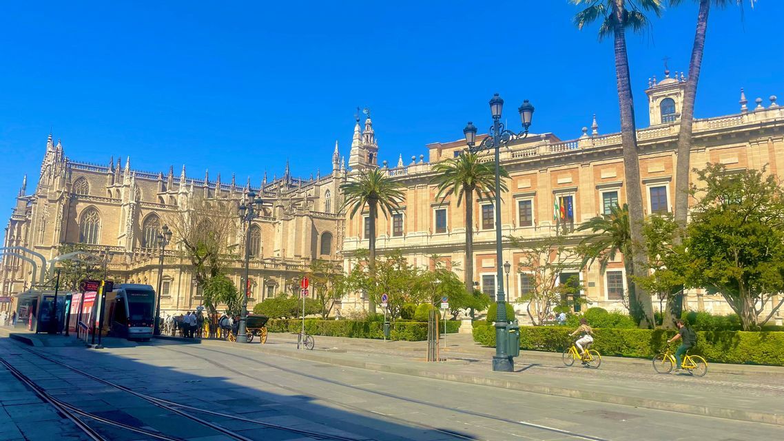Una grande cattedrale riccamente decorata e un edificio storico fiancheggiano una via cittadina soleggiata, con un tram, palme e ciclisti.