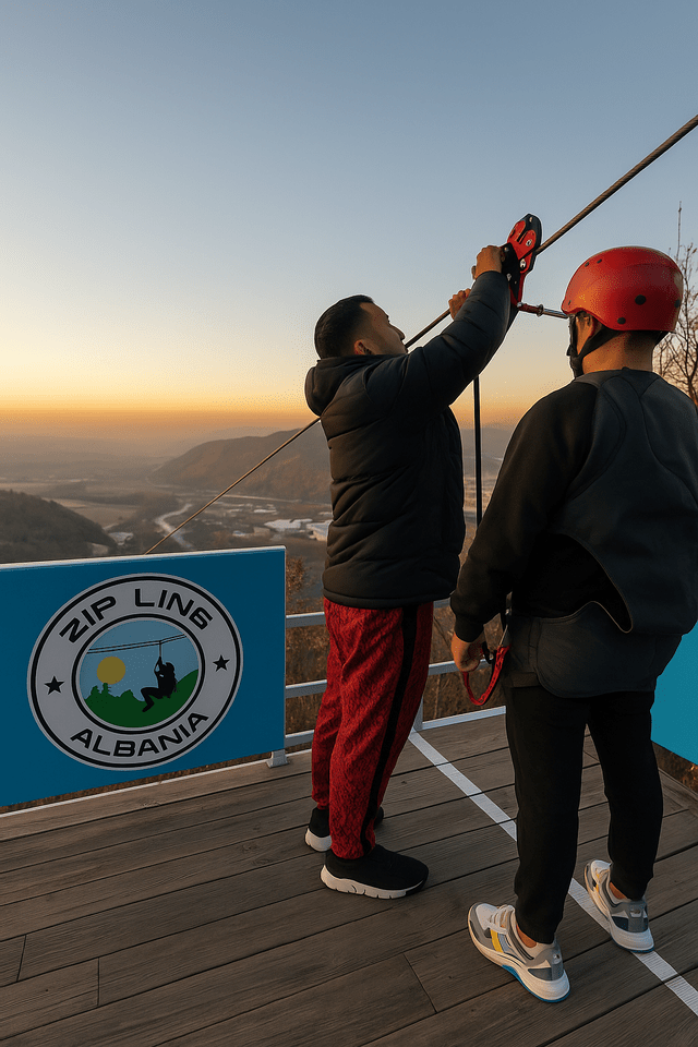 Un istruttore assiste un uomo mentre si prepara per una discesa alla Zip Line Albania, agganciando la sua attrezzatura al cavo al tramonto.
