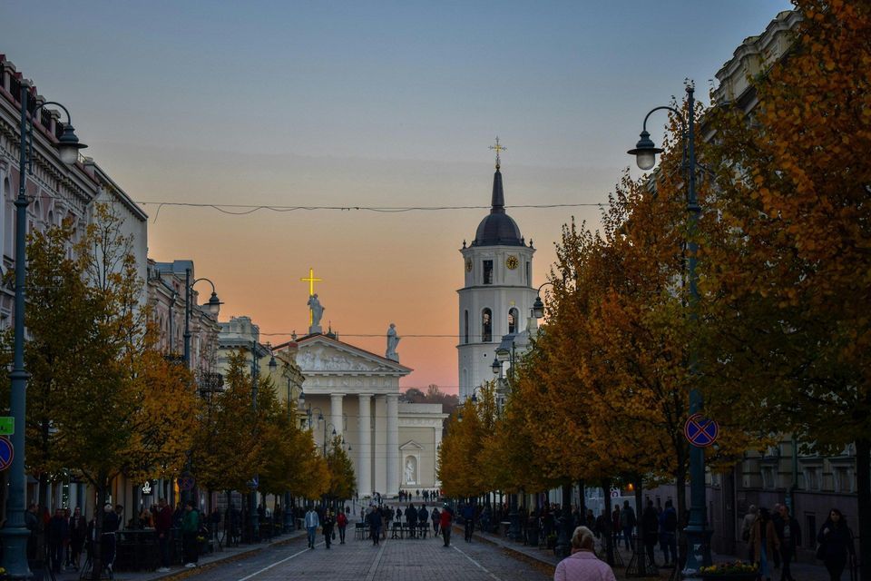 Un'ampia strada cittadina costeggiata da alberi autunnali porta a una grande cattedrale e campanile al crepuscolo, con persone che passeggiano lungo il marciapiede.