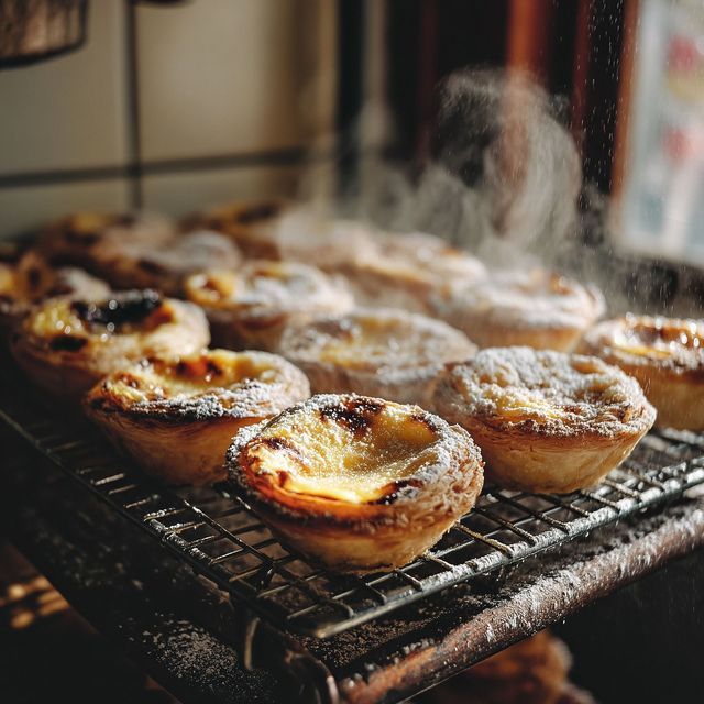 Primer plano de pasteles de nata portugueses calientes sobre una rejilla, con vapor subiendo mientras se les espolvorea azúcar glas.