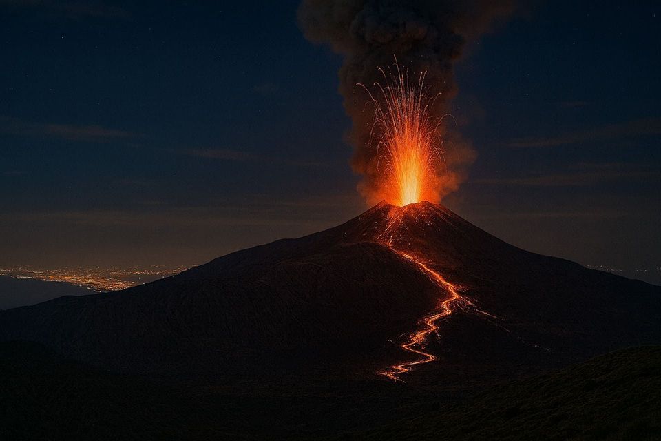 Un vulcano erutta di notte, riversando lava arancione brillante dal cratere e lungo le sue pendici sotto un cielo scuro e stellato.