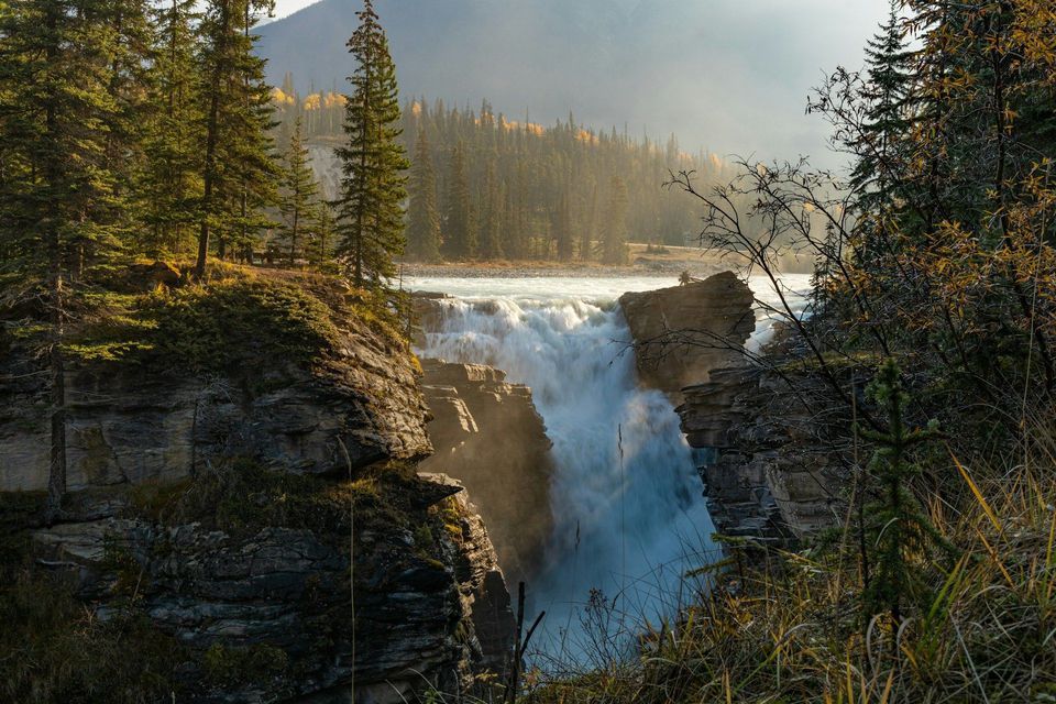 Una potente cascata precipita tra scogliere rocciose, con una foresta sempreverde illuminata dal sole sullo sfondo.