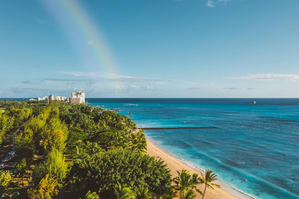 Un arcobaleno si staglia in un cielo azzurro sopra una costa tropicale con una spiaggia di sabbia, un mare turchese e alberi verdi e rigogliosi.