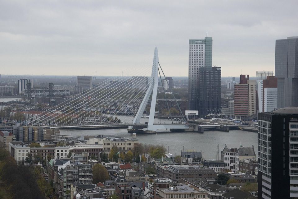 Vista aerea di un ponte strallato bianco che attraversa un fiume in un paesaggio urbano denso sotto un cielo nuvoloso.