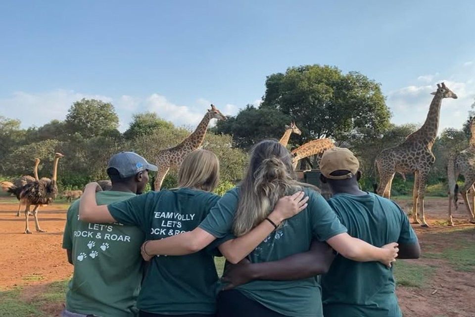 Un voyage de groupe WeRoad, bras dessus bras dessous, observant plusieurs girafes et autruches dans une réserve de savane.
