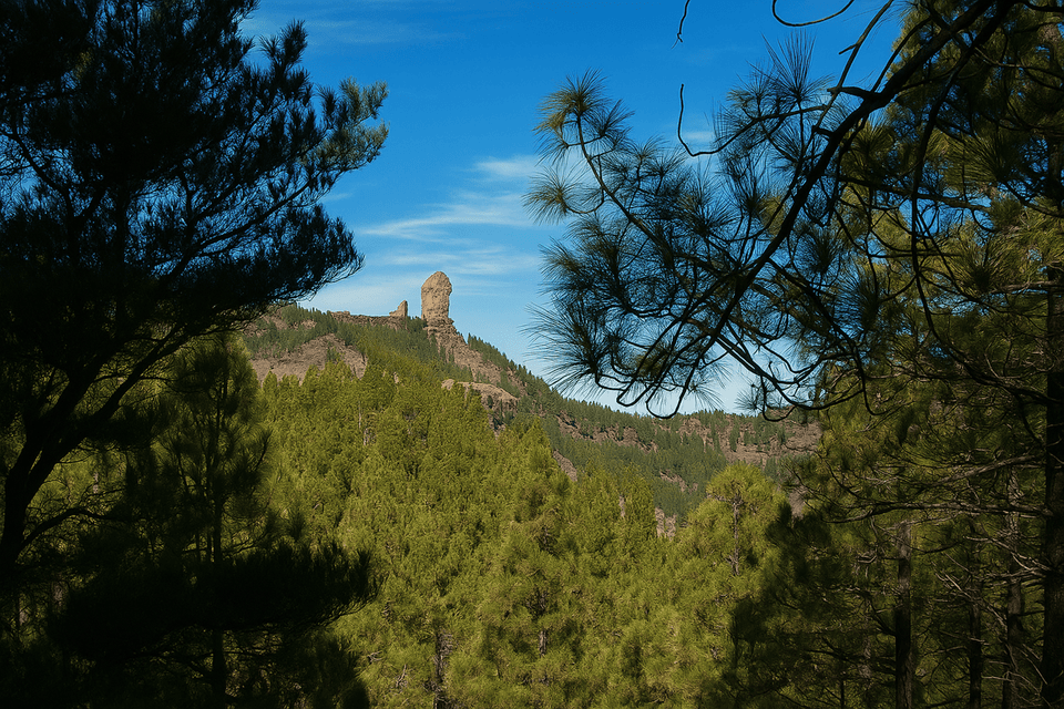 Un lontano monolito roccioso su un crinale montuoso boscoso, incorniciato da rami di pino in silhouette sotto un cielo azzurro limpido.