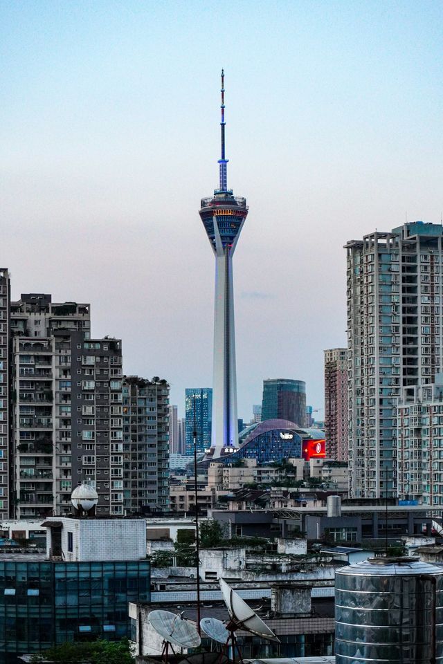 Una torre di osservazione alta e moderna si erge sopra una fitta città, piena di edifici residenziali, sotto un cielo pallido.