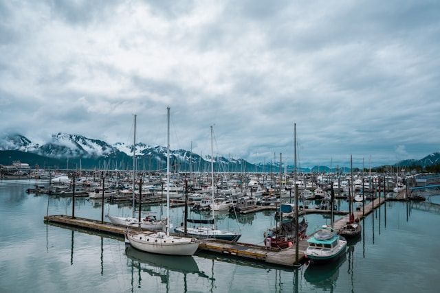 A harbor full of docked sailboats and motorboats with a backdrop of snow-capped mountains under a cloudy sky.