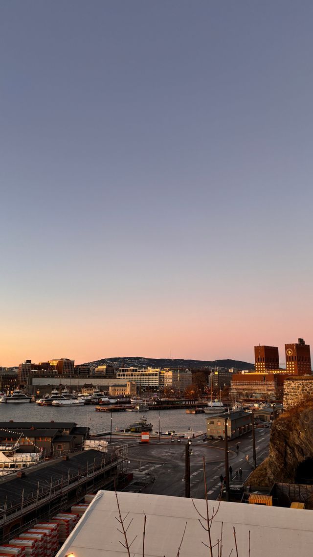 An elevated view of a city harbor at sunset, with boats docked in the water and buildings along the shore.
