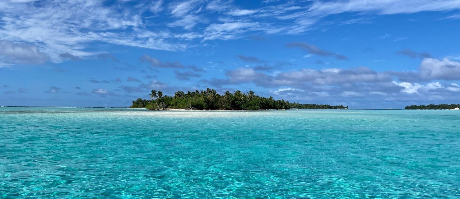 Una piccola isola tropicale coperta di palme è circondata da acque turchesi limpide e poco profonde sotto un cielo blu con nuvole bianche.