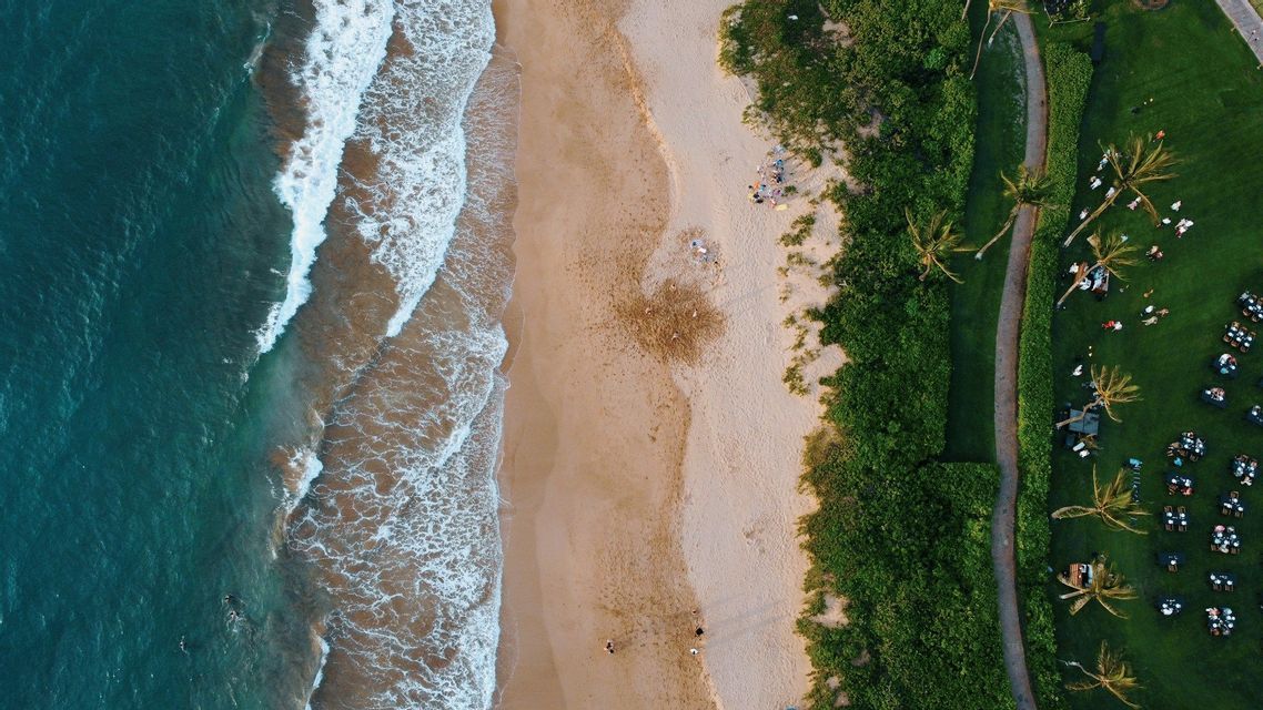 Vista aérea de una costa que muestra el océano, una playa de arena y un parque verde adyacente con gente.