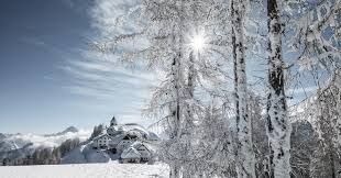 Il sole splende attraverso i rami degli alberi innevati, illuminando un piccolo villaggio su una collina in un paesaggio invernale.