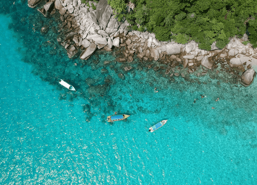 Vista aerea di tre barche che galleggiano in acqua turchese mentre persone nuotano e fanno snorkeling lungo una costa rocciosa e boscosa.