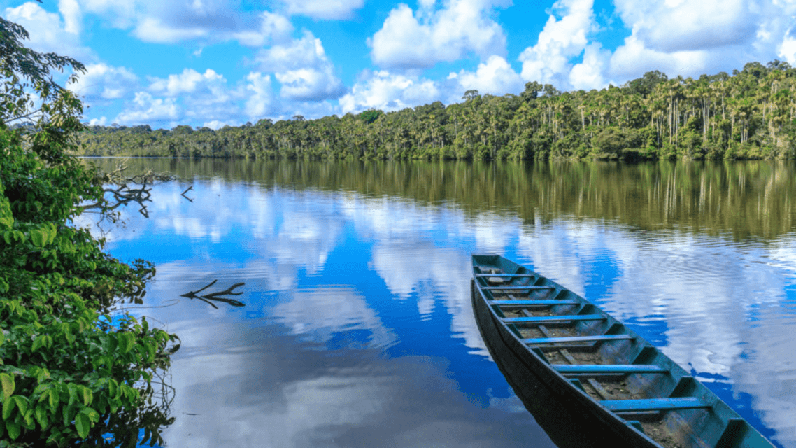 A wooden boat floats on a calm river that reflects the blue sky and clouds, with a dense green forest in the background.