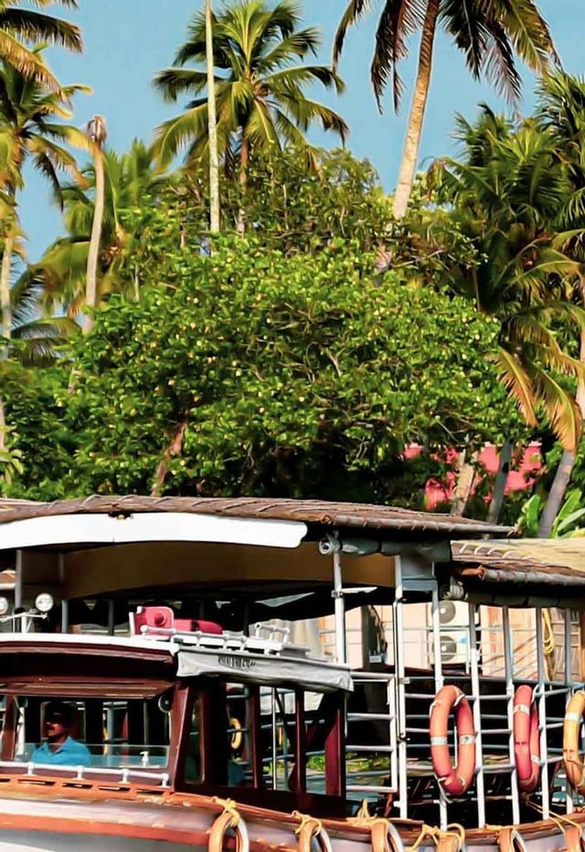 Una casa galleggiante in legno è ormeggiata a riva, con palme lussureggianti e fogliame tropicale sotto un cielo azzurro.