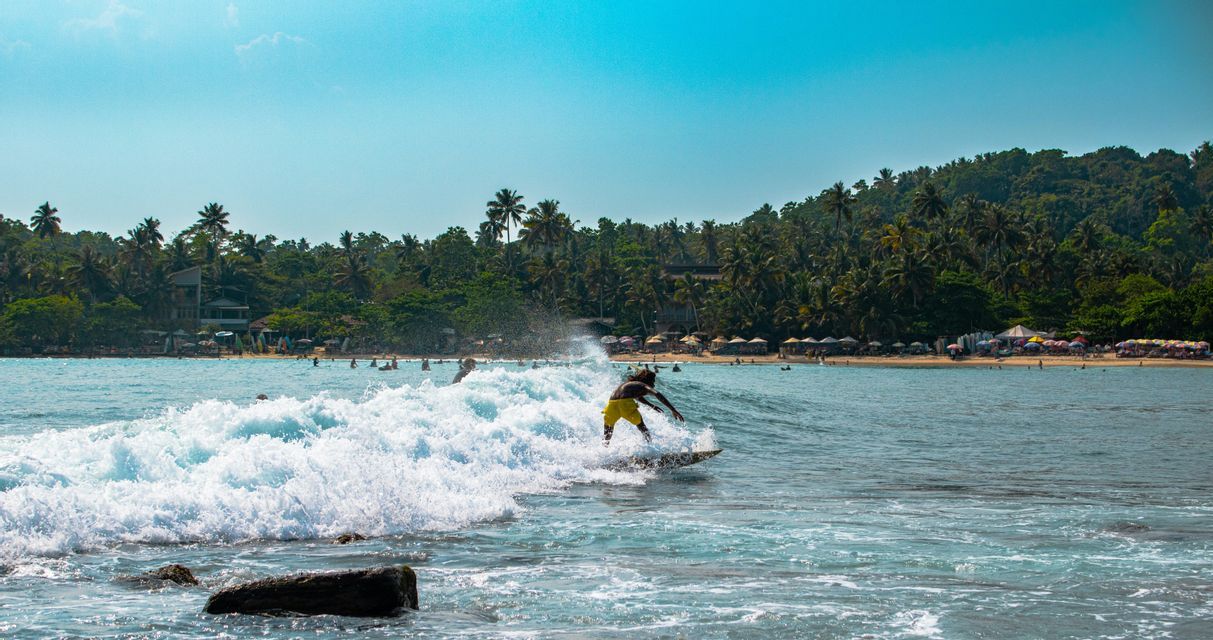 Una persona in pantaloncini gialli fa surf su un'onda dalla cresta bianca vicino a una spiaggia tropicale fiancheggiata da palme sotto un cielo azzurro e limpido.