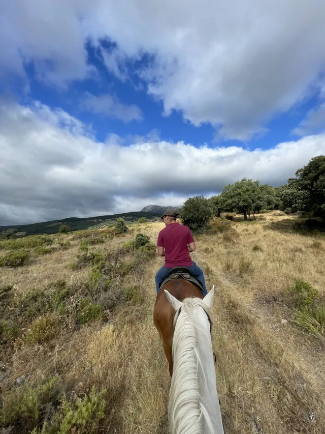 Una persona in camicia rossa cavalca un cavallo attraverso un paesaggio collinare ed erboso sotto un cielo azzurro e nuvoloso, vista dalla groppa di un altro cavallo.