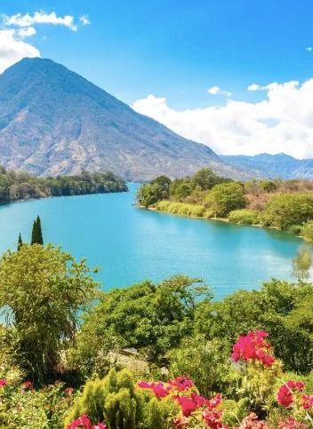 Un lago azzurro intenso si snoda attraverso una lussureggiante valle verde ai piedi di una grande montagna, con fiori rosa in primo piano.