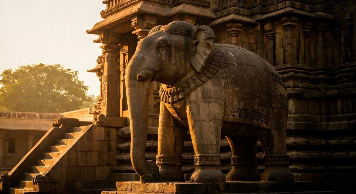 Une grande statue d'éléphant en pierre sculptée se dresse à l'entrée d'un temple, illuminée par un soleil chaleureux.