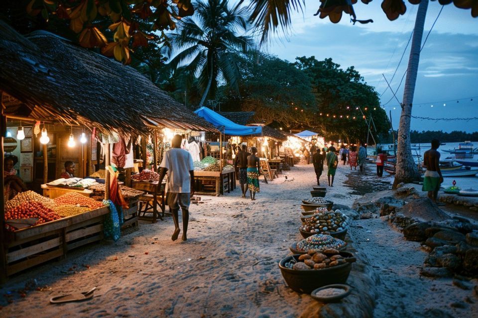 Un marché en plein air illuminé sur une plage de sable au crépuscule, avec des gens se promenant devant des étals aux toits de chaume et des palmiers.