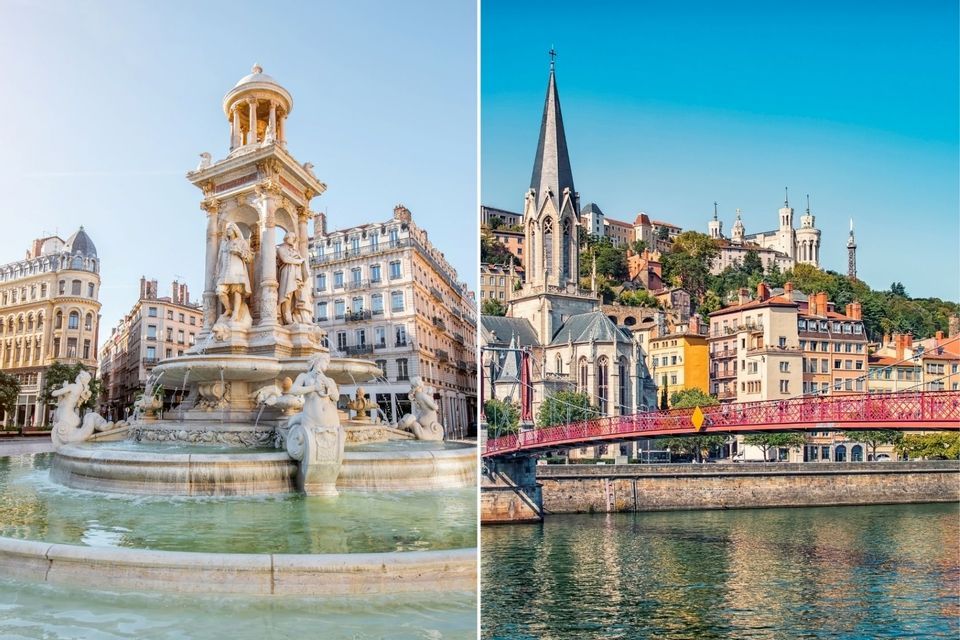 Deux panoramas d'une ville européenne : une fontaine ornée sur une place et une église sur une colline, dominant une rivière.