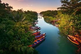 Des bateaux colorés sont amarrés le long d'une rivière calme, entourée d'une végétation luxuriante de jungle, sous un ciel de coucher de soleil.