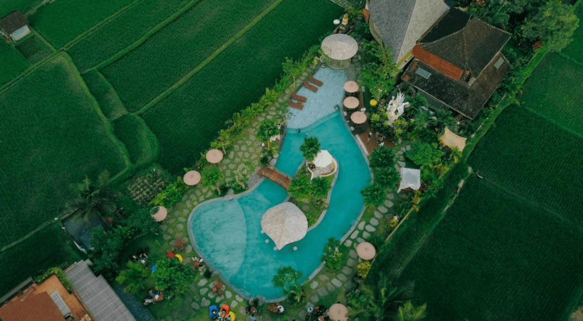 Una vista aerea di un resort con una sinuosa piscina turchese circondata da lussureggianti risaie a terrazze verdi.