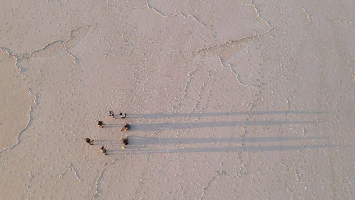 Vista aerea di un viaggio di gruppo WeRoad che cammina attraverso una vasta distesa di sale, proiettando lunghe ombre sulla superficie screpolata.