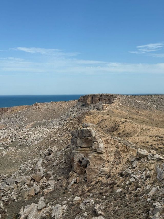 Una costa frastagliata e rocciosa, con scogliere a picco e vegetazione rada, si affaccia su un mare blu e tranquillo sotto un cielo sereno.