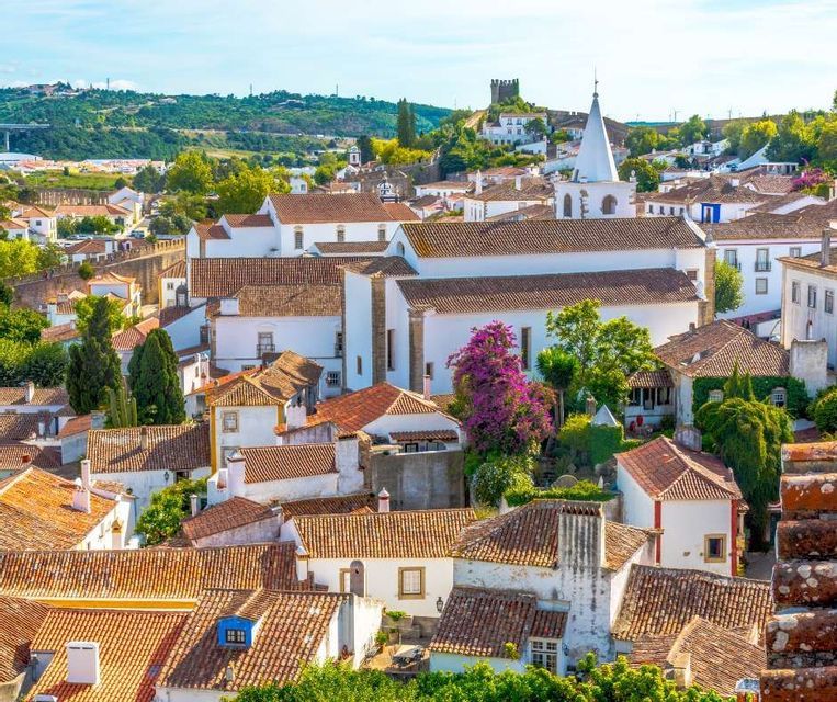 Una vista dall'alto di una città storica con edifici imbiancati, tetti in tegole di terracotta e un castello lontano su una collina verde.