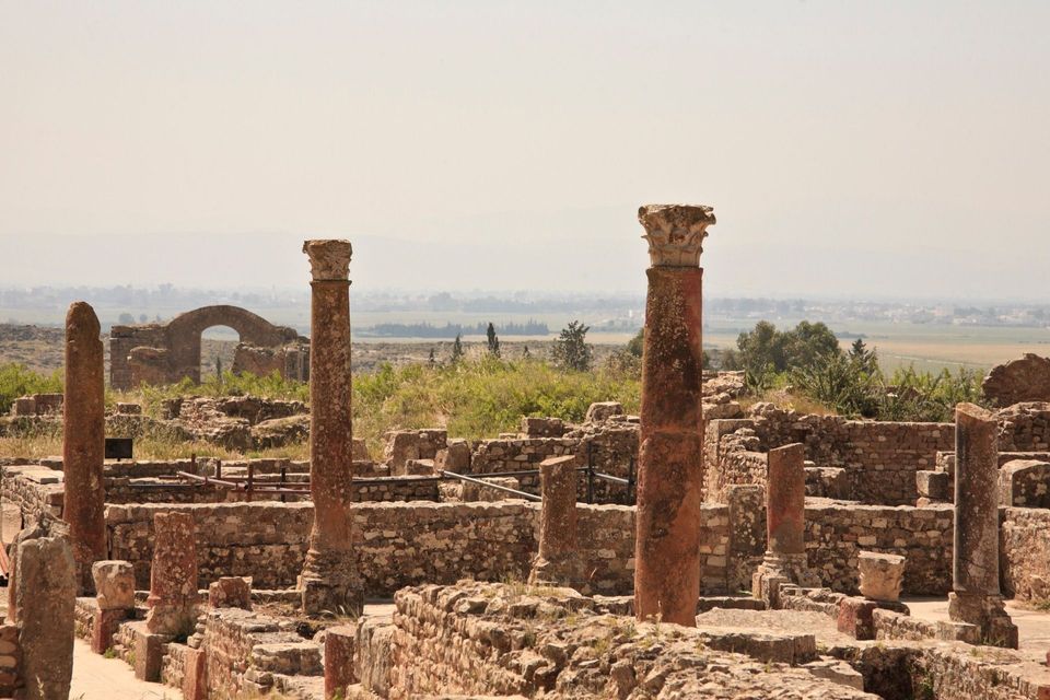 Antike Steinruinen mit verwitterten korinthischen Säulen und niedrigen Mauern, die eine dunstige grüne Landschaft überblicken.