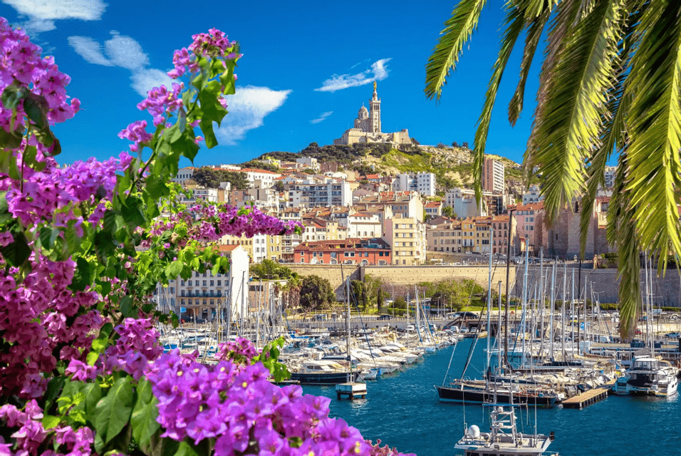 Un vivace porto con numerose imbarcazioni, dominato da una città collinare e una basilica, incorniciato da fiori viola e una foglia di palma.