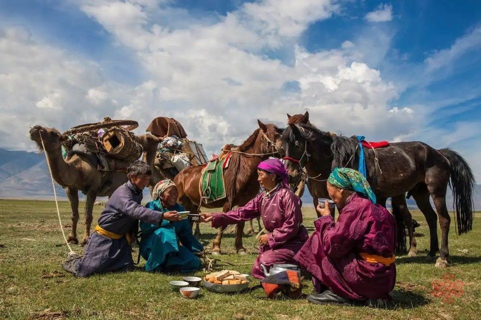 Eine Gruppe Menschen in traditioneller Kleidung teilt eine Mahlzeit auf einer grasbewachsenen Ebene, dahinter stehen ein Lastkamel und mehrere Pferde.