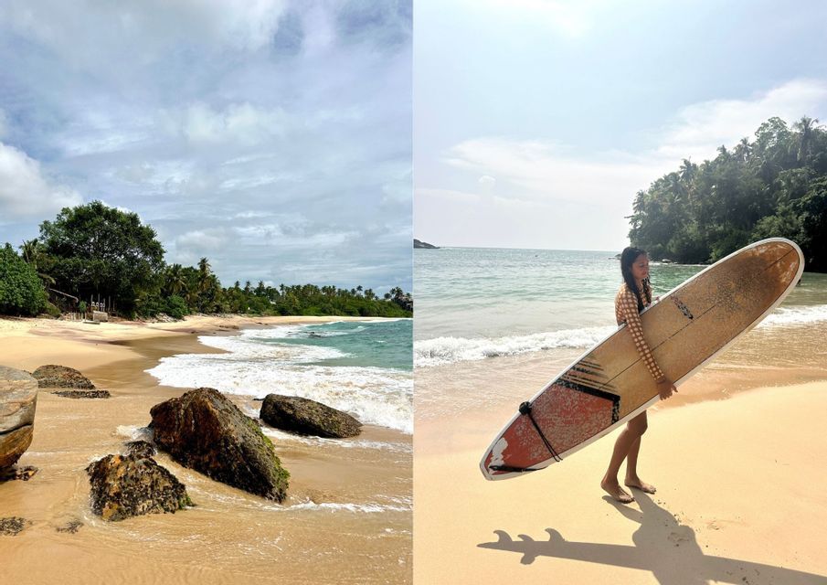 Une image scindée montrant une personne portant une planche de surf sur une plage tropicale, avec palmiers et vagues.