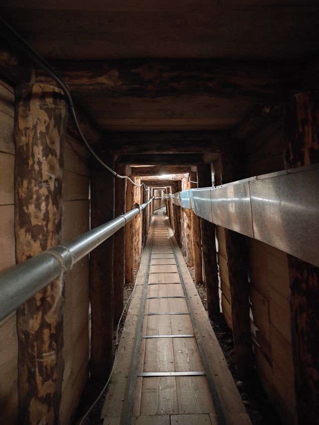 Ein langer, schummrig beleuchteter Holztunnel mit Stützbalken und einem zentralen Weg, der in die Ferne führt.