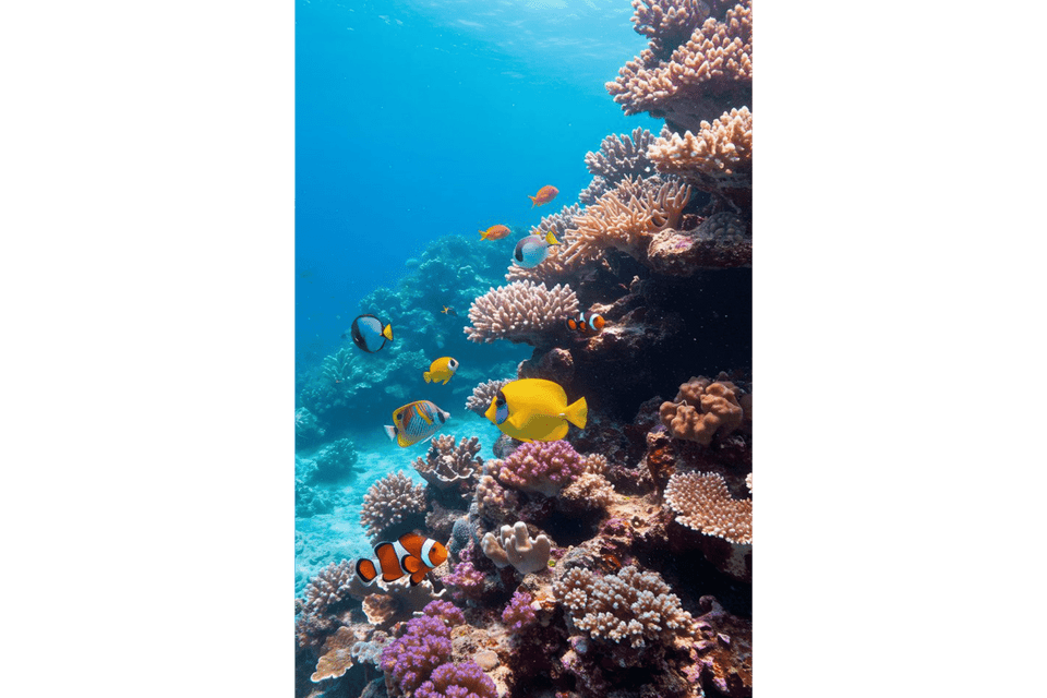 Molti pesci tropicali colorati, inclusi pesci pagliaccio e un pesce chirurgo giallo, nuotano intorno a una vivace barriera corallina in acqua cristallina e blu.