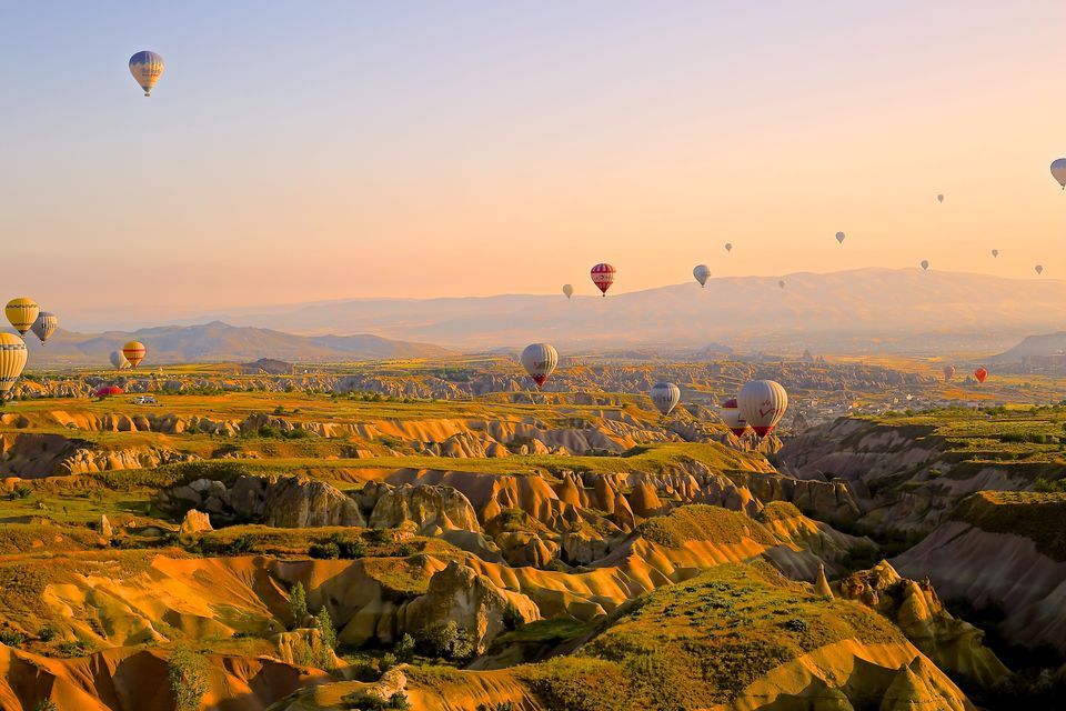 Numerous hot air balloons float over a vast, sunlit valley with unique rock formations at sunrise.