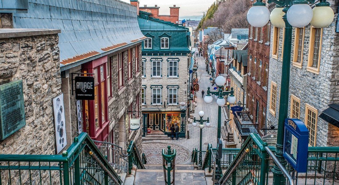 Une vue du haut d'un escalier plongeant sur une rue pavée étroite bordée de bâtiments en pierre historiques et de boutiques.