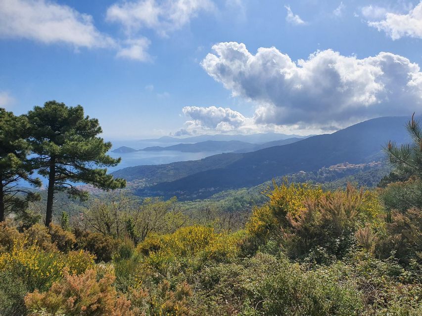 Una vista panoramica da una collina che mostra verdi colline ondulate, un mare lontano e montagne sotto un cielo azzurro parzialmente nuvoloso.