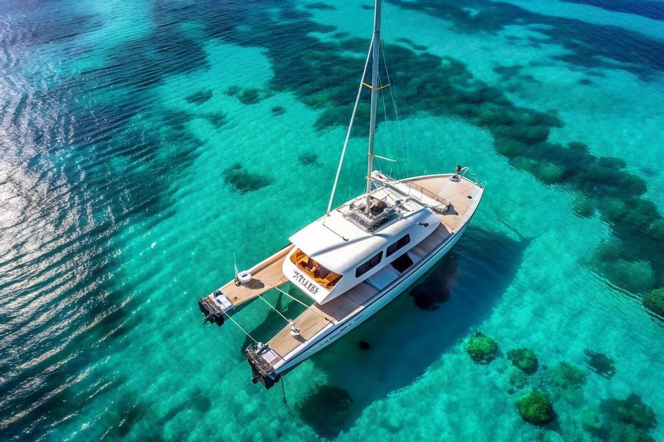 Una vista aerea di un catamarano bianco ancorato in vibranti acque turchesi, con la barriera corallina poco profonda visibile sotto.